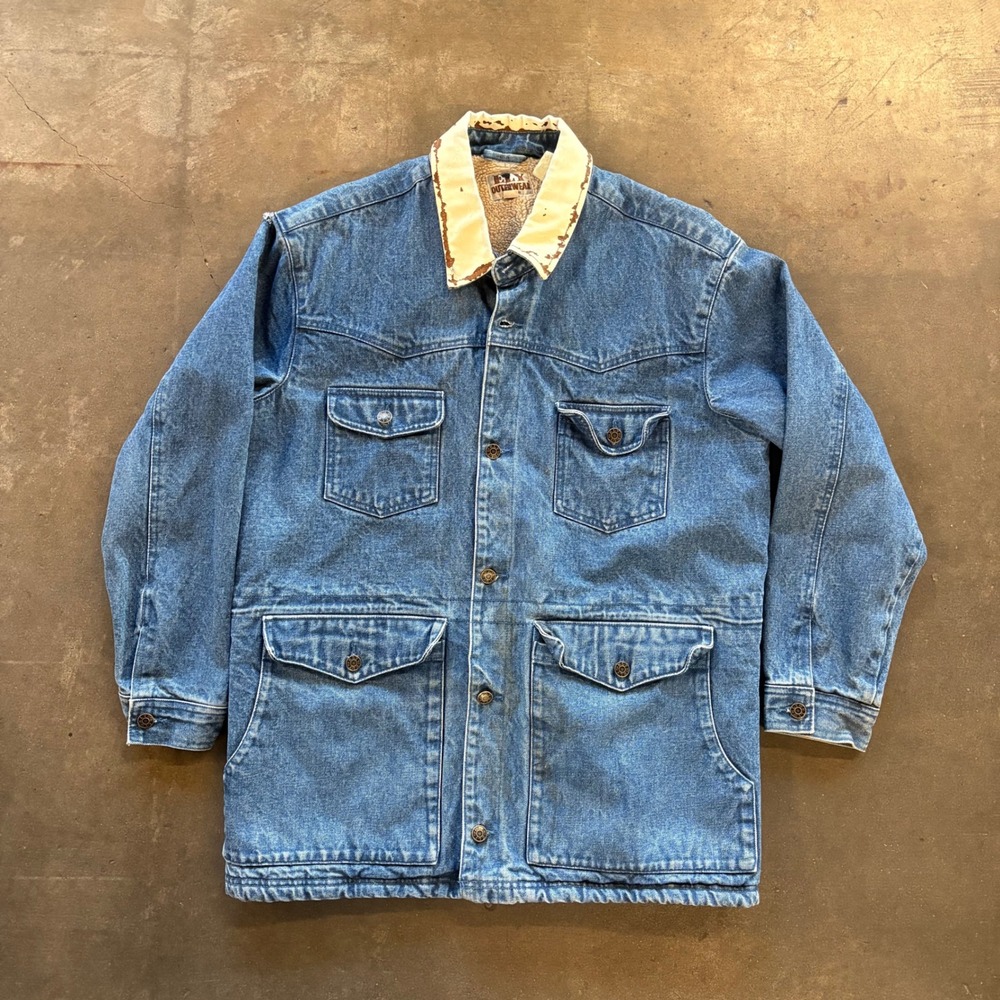 Vintage Ely Cattleman Sherpa Denim Chore Jacket Distressed Western Workwear